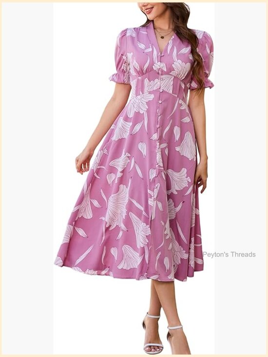 Dresses & Skirts - Women's Floral Maxi Dress Short Sleeve V Neck Flowy Beach Wedding Guest Dress
